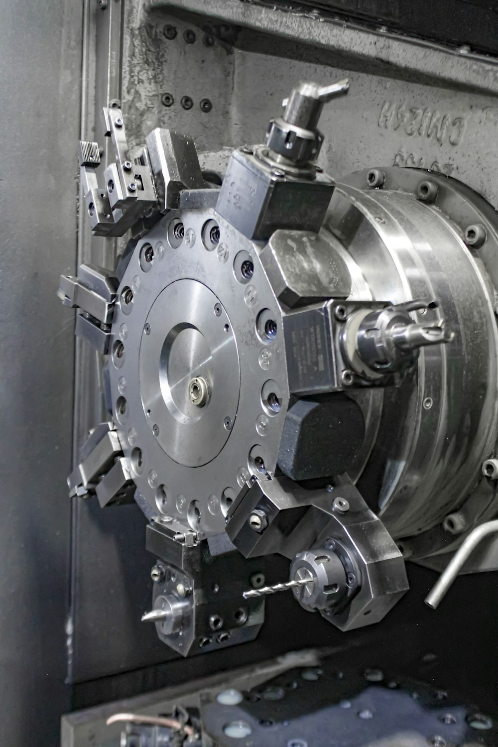 Workpiece held in a CNC machine chuck and fixture